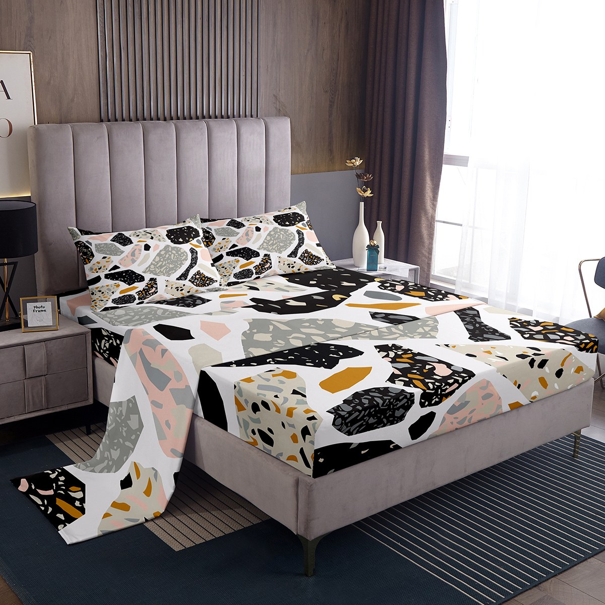 YST Abstract Stone Full Sheet Set Modern Art Sheets, Black Grey Marble