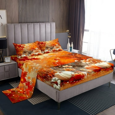 YST Adult Happy Thanksgiving Bed Sheets Set, Fall Pumpkin Sheets Twin For Kids Teens Boys Women,Maple Autumn Leaves Sheet Set Rustic Country Farmhouse Flat Sheet With 1 Pillow Case