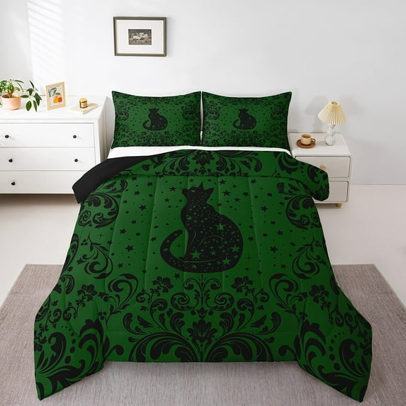 Erosebridal Adults Black Cat Bedding Comforter Sets Queen Size Green Black Halloween Gothic Comforter Set For Men,Retro Exotic Damask Floral Animal Goth Bedding Set Boho Moon Stars Quilt Set
