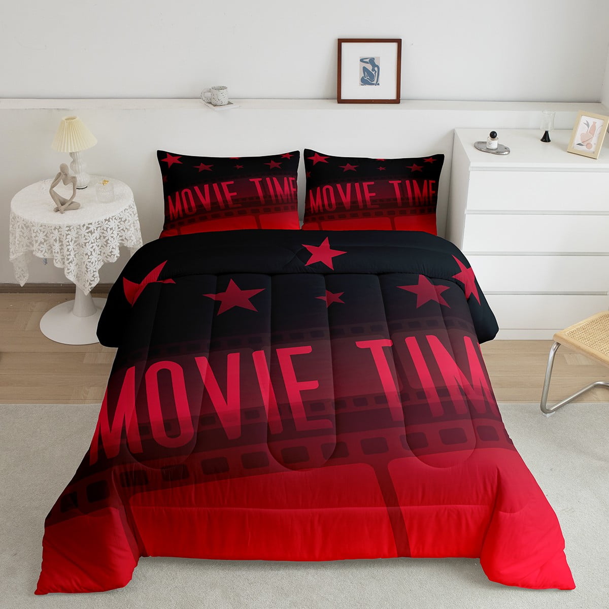 YST Adults Movie Theater Bedding Set Twin Vintage Cinema Red And Black Comforter Set For Boys