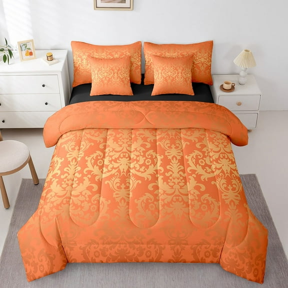 Adults Orange Damask Bed In A Bag 7 Piece Twin Antique Victorian Baroque Comforter Set With Sheets Gothic Vintage Floral Bedding Set Bohemian Exotic Reversible Black Bed Set