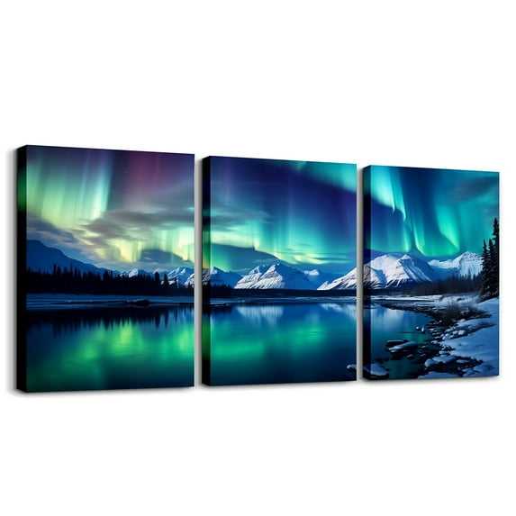 YST Aesthetic Aurora Canvas Wall Art for Home Bedroom Living Room,Snowy Mountain Lake Pictures Wall Decor,Nature Scenery Posters for Walls Artwork Decorations