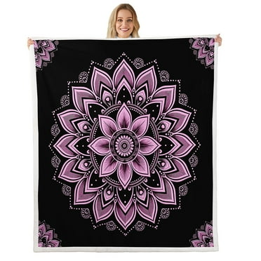 Aesthetic Mandala Sherpa Blanket Bohemian Flower Blanket Teens Adults, Chic Floral Throw Blanket for Chair Hippie Paisley Fleece Blanket, Black and Pink Plush Blanket