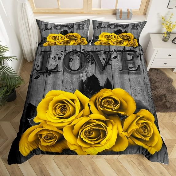 YST Aesthetics Rose Comforter Cover Full Retro Black Grey Yellow Floral Bedding Set Rustic Farmhouse Rose Duvet Cover For Kids Teen Adults Valentine'S Day Wedding Bed Set 2 Pillow Cases