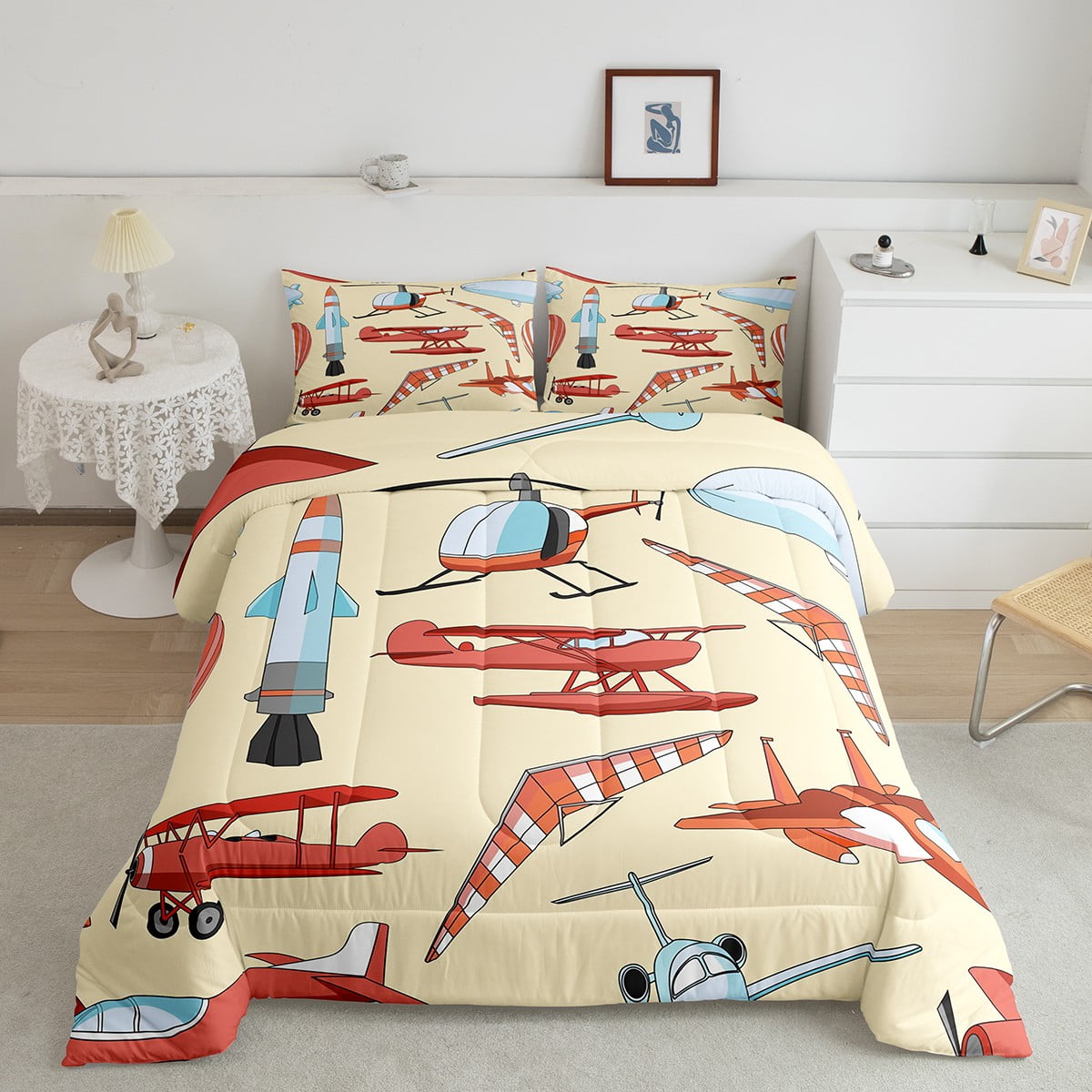 YST Aircraft Comforter Set Twin 2Pcs,Vintage Airplane Bedding Set for