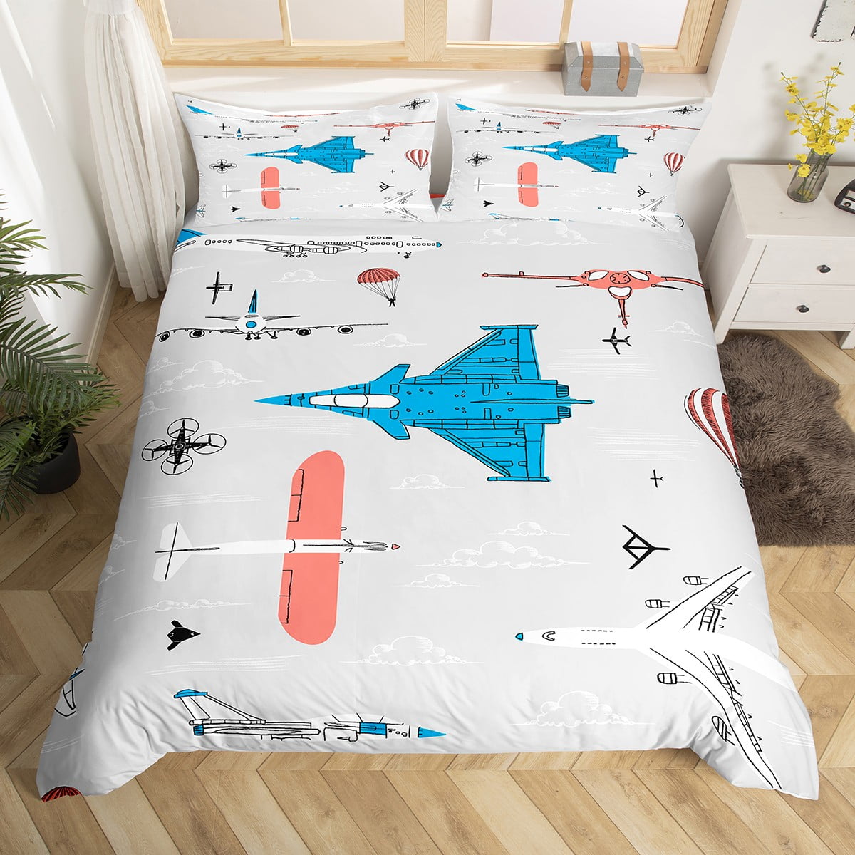 YST Airplane Duvet Cover Twin,Toddler Aircraft Bed Set Cartoon Fighter