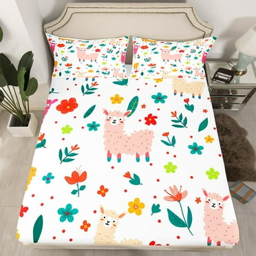 Alpaca Fitted Sheet Cartoon Alpaca Bedding Set Twin Teen Cute Animal Print Sheets Colorful Flowers Leaves Bed Sheets Soft Lightweight All Season, No Top Sheet(No Top Sheet)