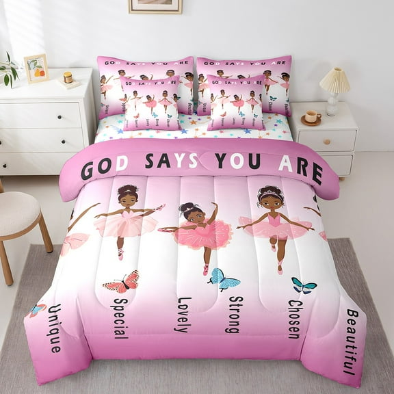 American African Ballerinan Comforter Set 7 Piece Black Twin Bedding Sets Hot Pink Bed In A Bag 7 Pcs Ballet Princess Reversible Bed Set