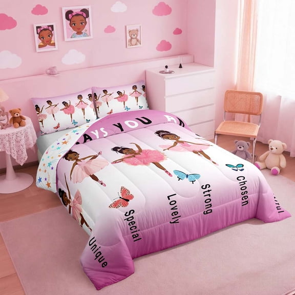 American African Ballerinan Comforter Set Black Twin Bedding Sets Hot Pink Comforter Sets Ballet Princess Reversible Bed Set (1 Comforter And 1 Pillow Case)