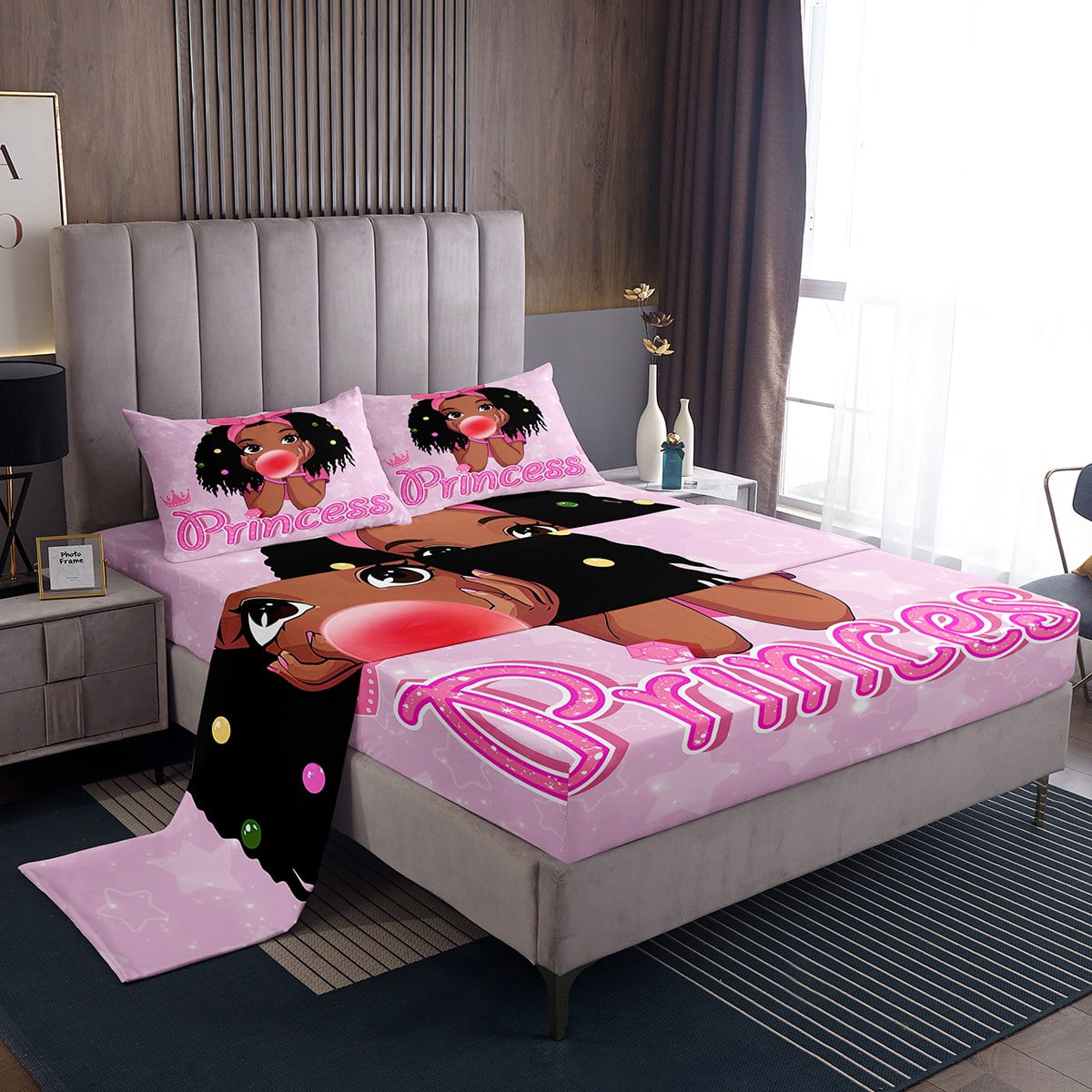 YST American African Black Girls Bed Sheets Full Hot Pink Princess