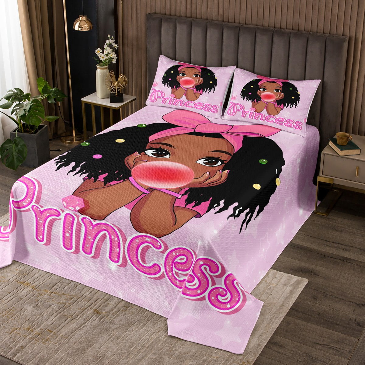 YST American African Black Girls Quilt Set Twin Hot Pink Princess Bedding Set For Girls Afro Girl Bedspread Set,Cute Glitter Coverlet Set 1 Pillow Case