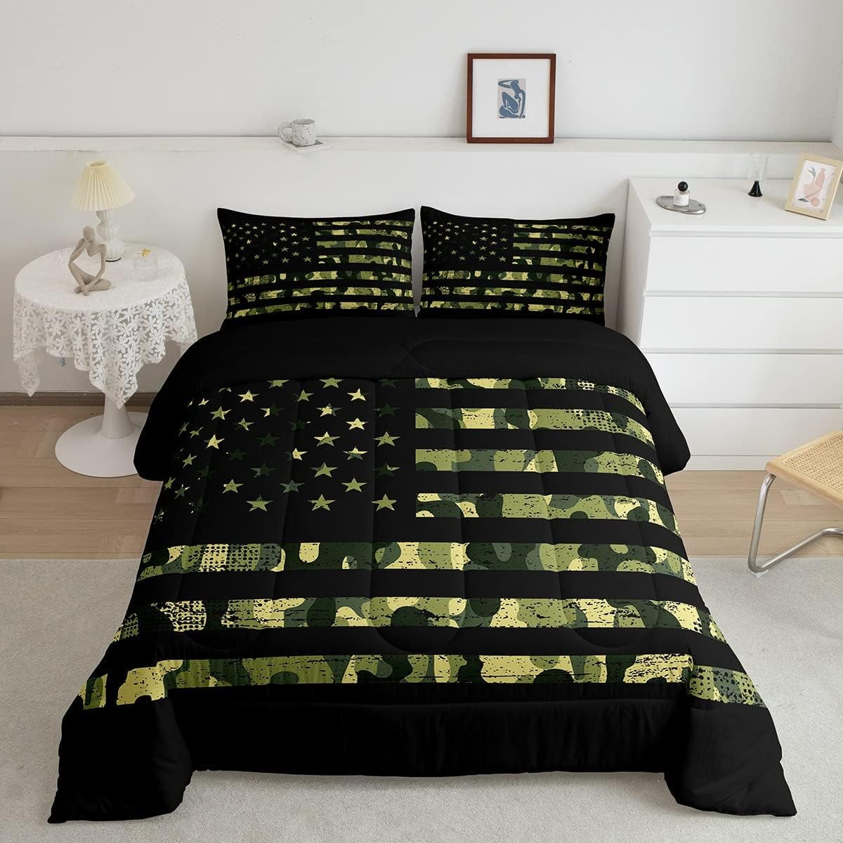 YST American Flag Bedding Set, Camouflage Comforter Set Queen for Kids Boys Teens Adult, USA Federations Stars Duvet Sets Geometric Stripes Camo Down Comforter for Bedroom Decor, Army Green