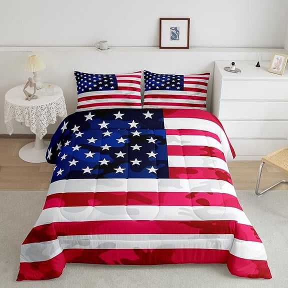 American Flag Bedding Set Camouflage USA Flag Comforter Set Army Camo Flag Comforter Blue Red White Stars Comforter for All Season Room Decor Twin Size
