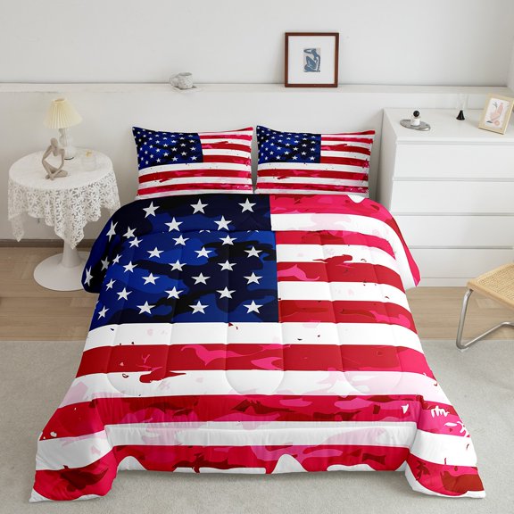 American Flag Bedding Set Camouflage USA Flag Comforter Set Army Camo Flag Comforter Blue Red White Stars Comforter for All Season Room Decor Twin Size