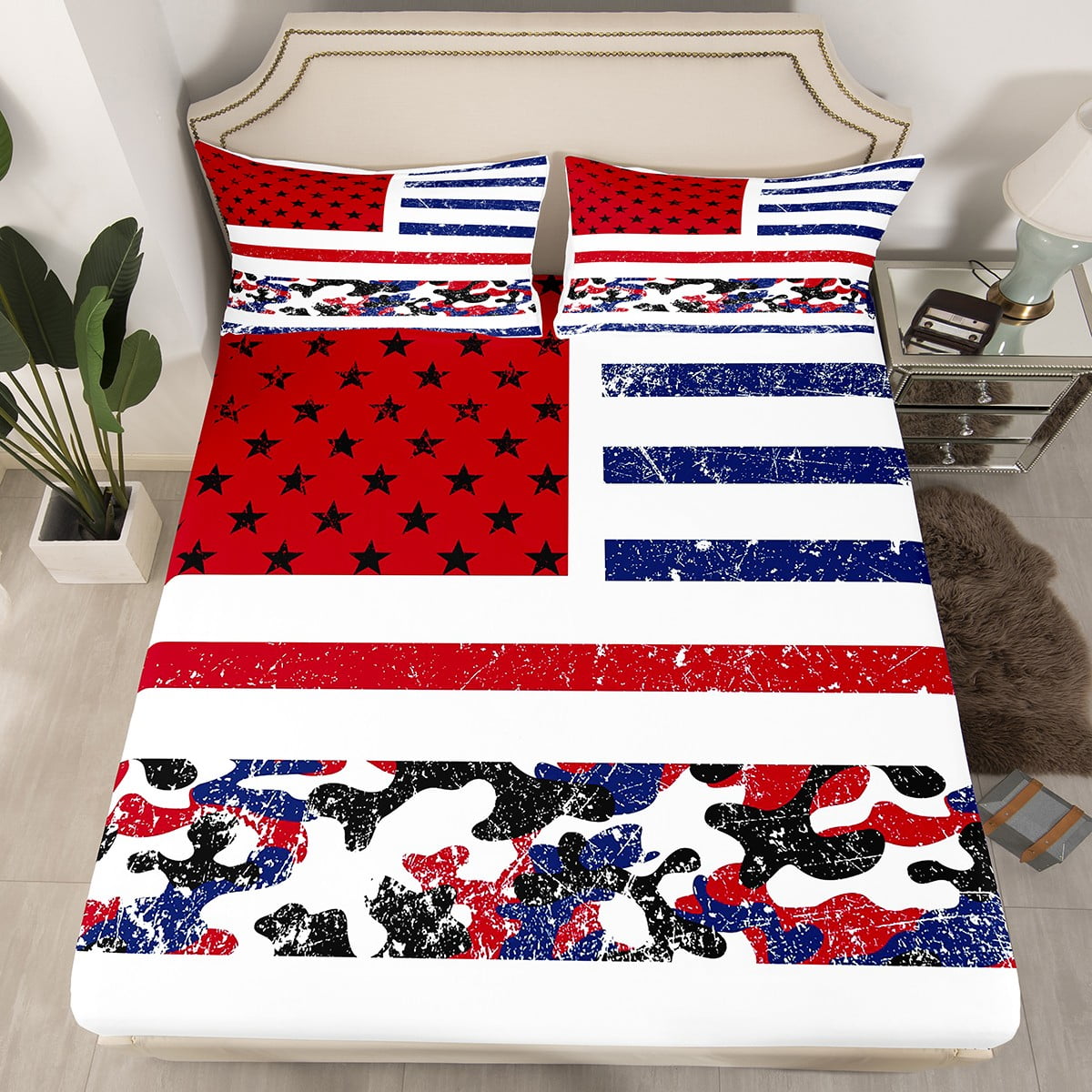 YST American Flag Bedding Set Stars and Stripes Fitted Sheet, Military Camouflage Design Bed ...