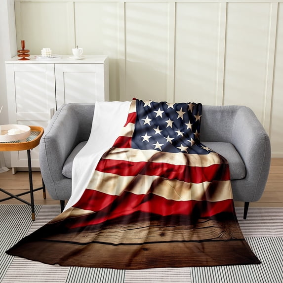 American Flag Blanket Man Woman,United States Throw Blanket Queen 90x90 Inch,USA Federations Stars Fleece Blanket,Brown Wooden Plank Flannel Blanket Warm