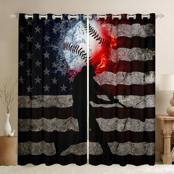 Erosebridal American Flag Curtains & Drapes Teen Baseball Curtains, Ice and Fire Softball Blackout Curtains USA Flag Stars Living Room Curtains, Vintage Grunge Stripe Window Curtains Black Grey