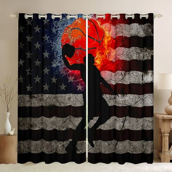 American Flag Curtains & Drapes Teen Basketball Curtains, USA Flag Stars 30%-50% Blackout Curtains Vintage Grunge Stripe Living Room Curtains, Ice and Fire Soccer Window Curtains Black Grey