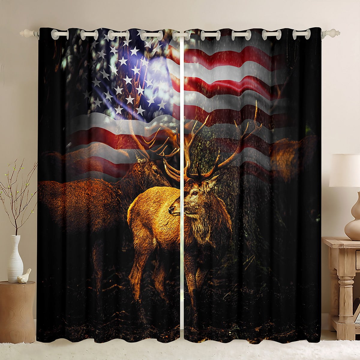 YST American Flag Curtains Hunting Deer Theme Curtains & Drapes For