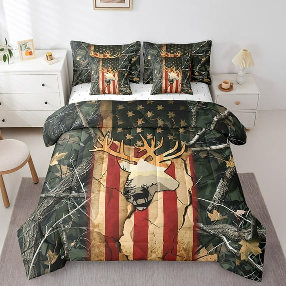 American Flag Deer Bed in a Bag Twin 7 Piece Woodland Animal Deer Comforter Set Retro USA Flag Home Decor,Stars and Stripes Bedding Set with Fitted Sheet,Flat Sheet,Pillowcases