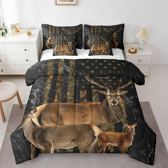 American Flag Deer Comforter Set Queen 7 Piece Woodland Animal Print Deer Bed in a Bag USA Flag Room Decor,Rustic Farmhouse Bedding Set with Fitted Sheet,Flat Sheet,Pillowcases
