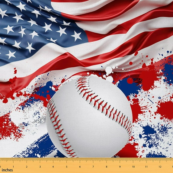 Erosebridal American Flag Fabric By The Yard ,Baseaball Upholstery Fabric,Sports Decorative Fabric,Blue Red White Watercolor Indoor Outdoor Fabric for Craft Patchwork,1 Yard