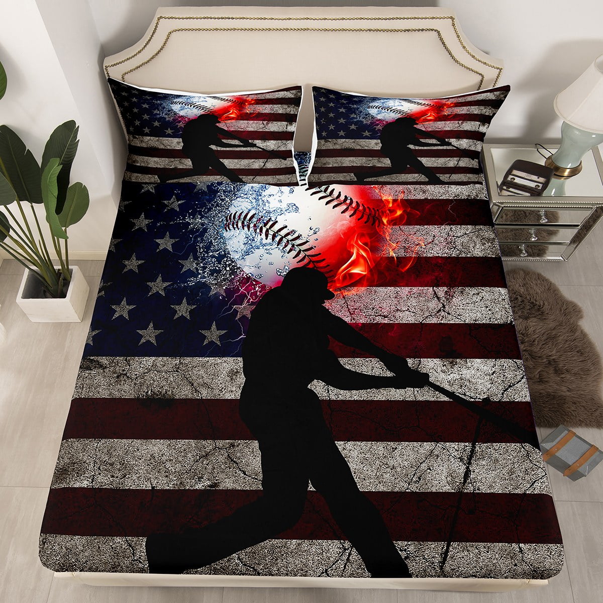 YST American Flag Twin Fitted Sheet Kids Teen Baseball Sheets, Ice and