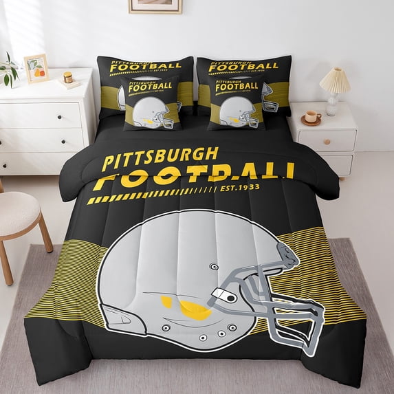 American Football Comforter Set with Sheets 3D Ball Game Comforter Set Bed-in-a-Bag Queen 7-Piece,Pittsburgh(1 Comforter, 1 Flat Sheet 1 Fitted Sheet 2 Pillowcases 2 Throw Pillow Covers)