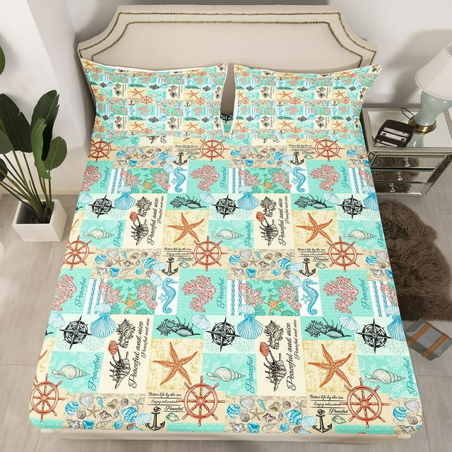 YST Anchor Fitted Sheet for Boys Men,Vintage Nautical Bed Sheets for Teens,Retro Starfish