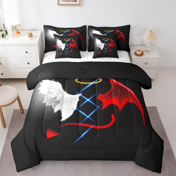 Angel 7 Pcs Comforter Set Full Size Demon Bedding Set Starry Sky Galaxy Bed In A Bag Sheet Set Fairy Tale Theme Black Duvet Set