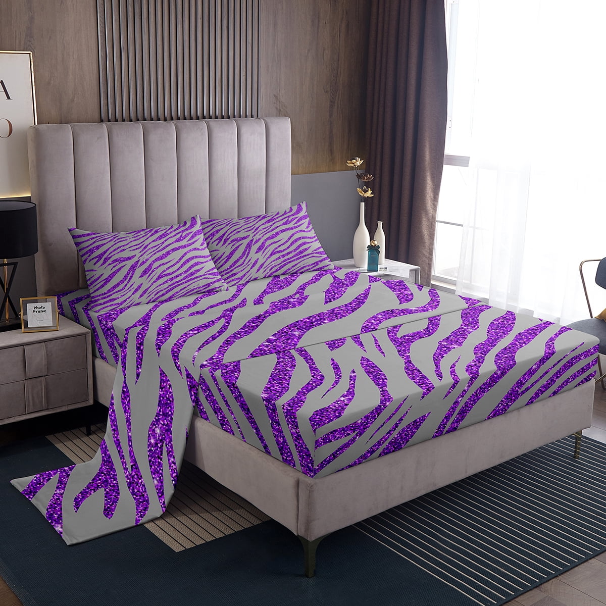 YST Animal Print Bed Set Purple Gray Bed Sheets Set, Zebra Print Sheet Set Full Chic Purple