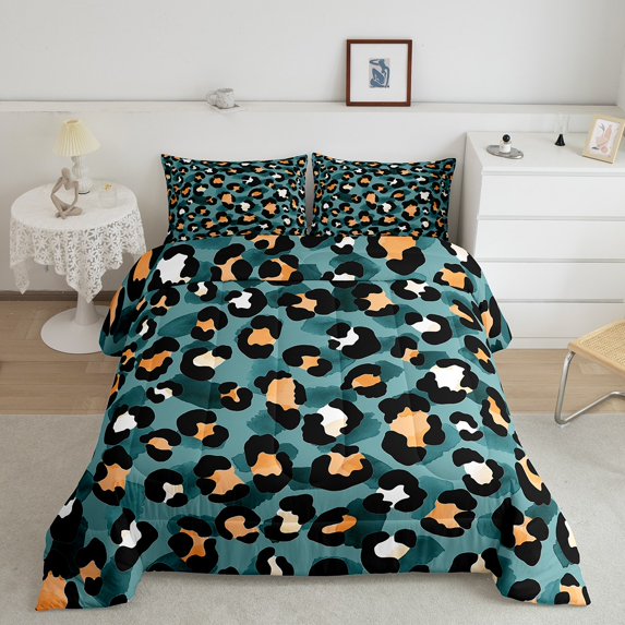 Animal Print Bedding Set Full Leopard Print Comforter Set, African Safari Wildlife Duvet Insert Turqoise Quilt Set, Cheetah Bedding Comforters & Sets Luxurious Room Decorations 3pcs