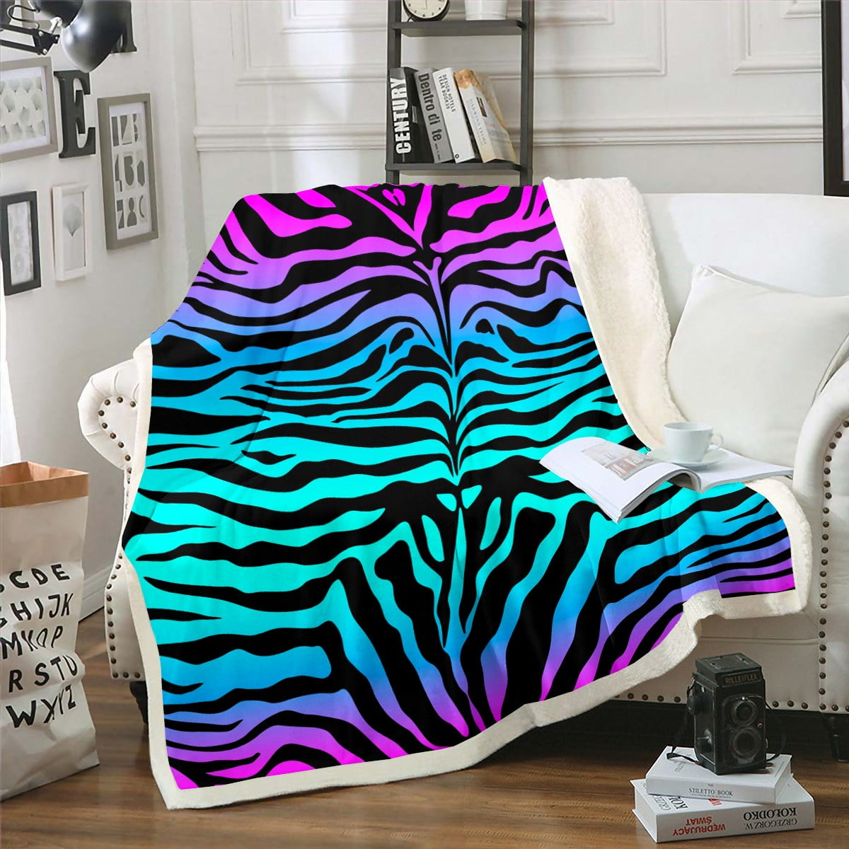 YST Animal Print Fleece Blanket Teal Blue Zebra Print Sherpa Blanket Purple Pink Gradient Blanket African Safari Animal Throw Blanket for Couch