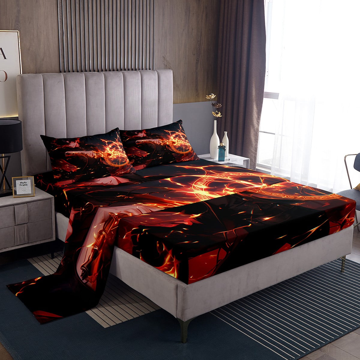 YST Anime Boy Twin Sheets for Kids Teens Japanese Anime Bed Set, Fire