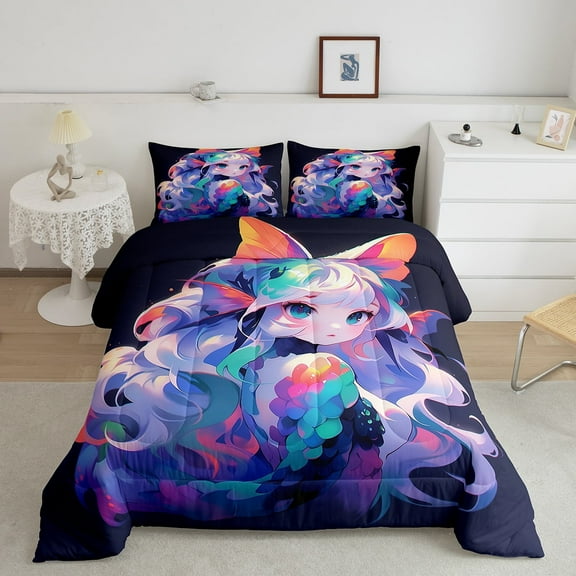 Anime Comforter Set Japanese Bedding Comforter Sets 3D Cartoon Printed Bedding Queen Anime Gifts Quilt with 2 Pillow Cases