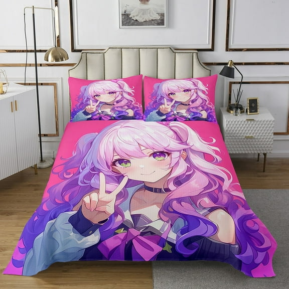Anime Bedspread Set For Room Aesthetic Kawaii Anime Japanese Quilt Set For Guys Bedroom, Lovely Anime Coverlet Set 3D Anime Gifts Hot Pink Room Decor, Twin