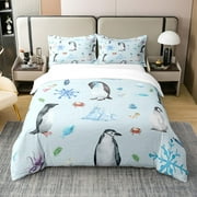 YST Antarctic Penguins 100% Cotton Duvet Cover,Ocean Creature Crab Octopus King Bedding Set for Boys Kids,Ice Snowflake Comforter Cover,Happy Christmas Quilt Cover with 2 Pillowcases,Blue