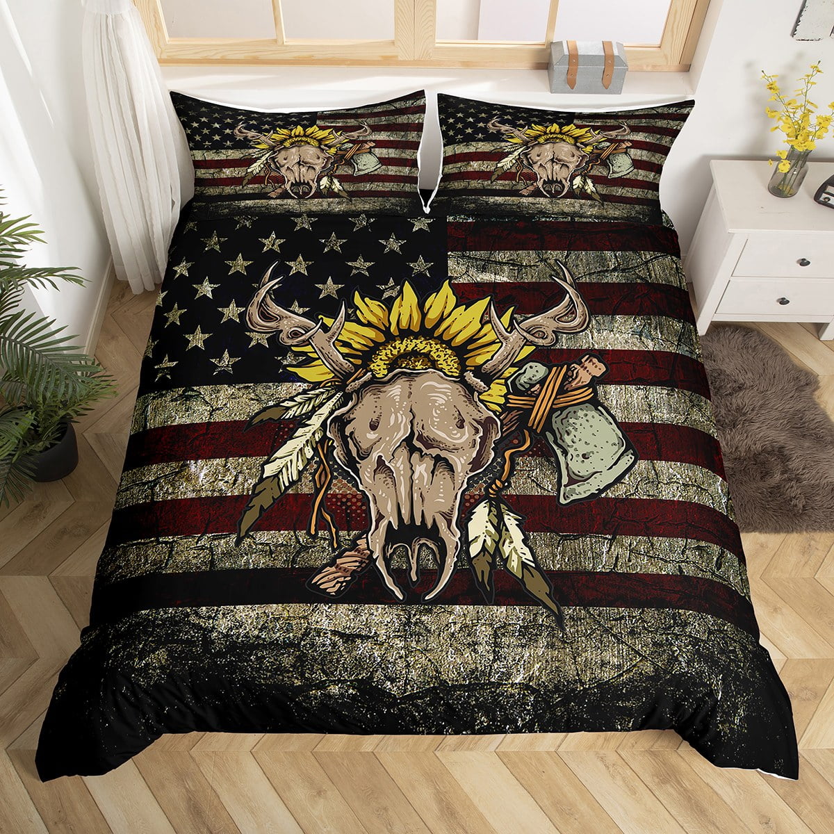 YST Antlers Skull Bedding Set Vintage American Flag Duvet Cover Skeleton Deer Head Sunflowers