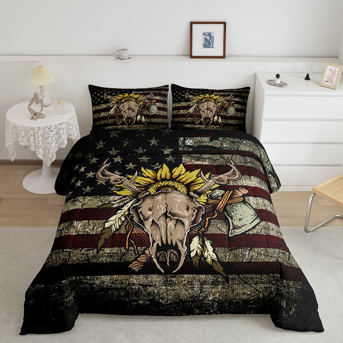 YST Antlers Skull Bedding Vintage American Flag Bed Comforter Set