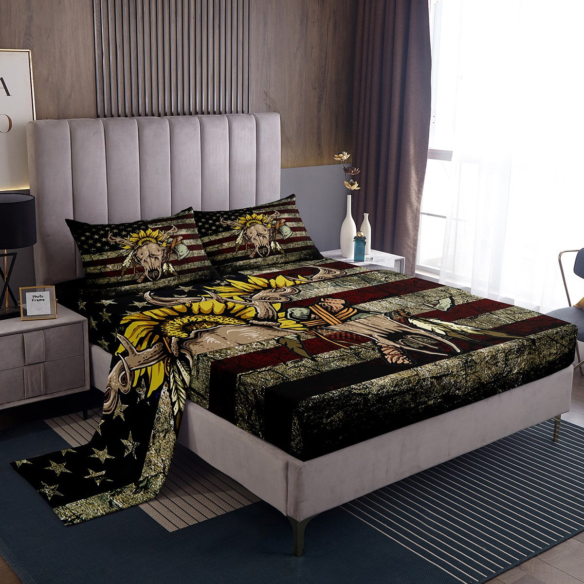 YST Antlers Skull Sheets Vintage American Flag Bed Sheets Set Skeleton