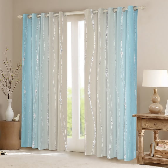 Erosebridal Aqua and Beige Gradient Curtains Watercolor Ombre Blackout Curtains, Abstract Aesthetic Curtains & Drapes Wave Line and Dots Bedroom Curtains, Geometric Window Treatments Bedroom Decor