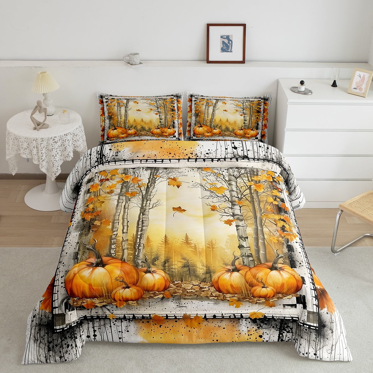 YST Autumn Decor Bedding Queen Size Harvest Pumpkin Comforter Set, Oil ...