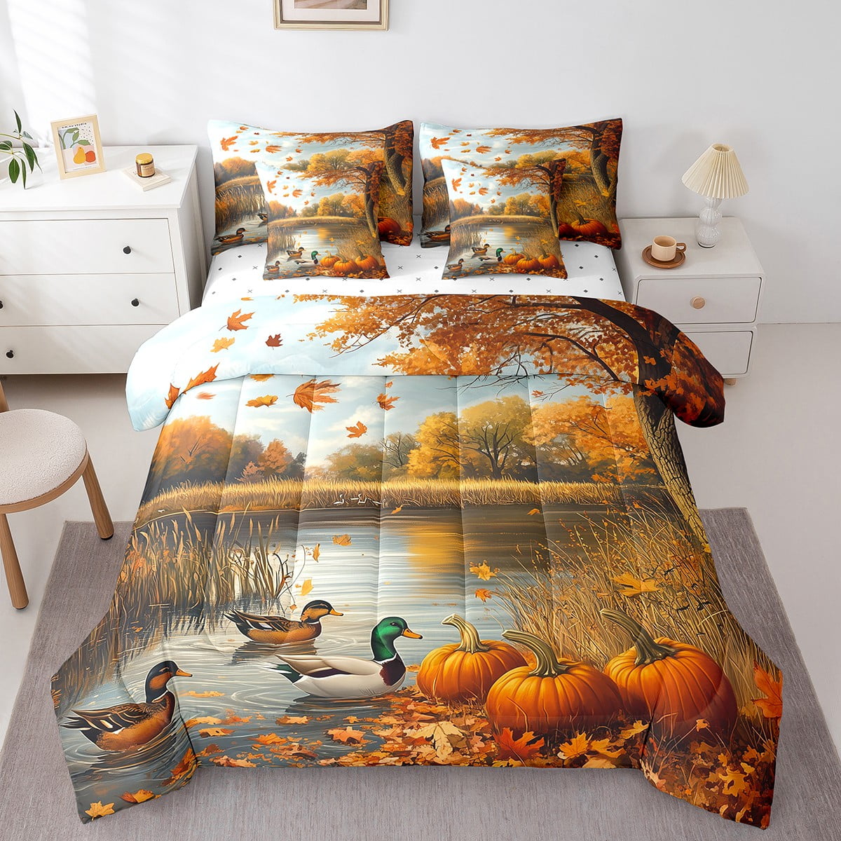 YST Autumn Fall Bedding Sets Pumpkin Maple Leaf Bed In A Bag With Sheets Rustic Wild Duck ...