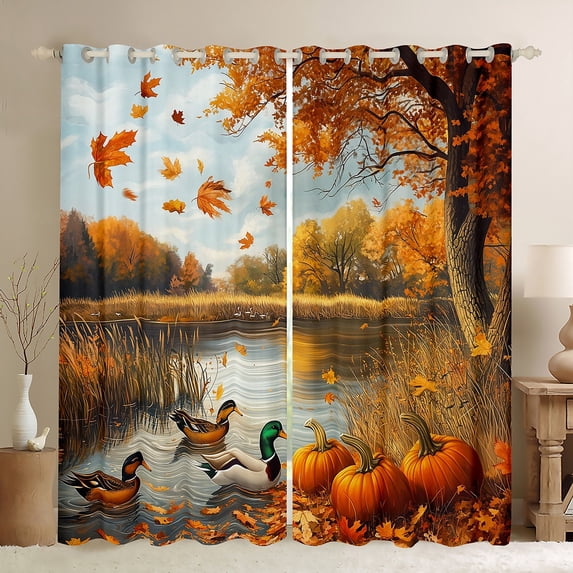 Autumn Fall Window Curtainss 42"Wx90"L Pumpkin Curtains & Drapes Rustic Duck Mallard 30%-50% Blackout Curtains Adults Farmhouse Country Scenery Window Treatments 2 Panels