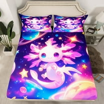 Axolotl Bed Sheets Twin Size,Galaxy Planet Space Bedding Set Cartoon Animal Fitted Sheet Purple Dreamy Starry Sheets