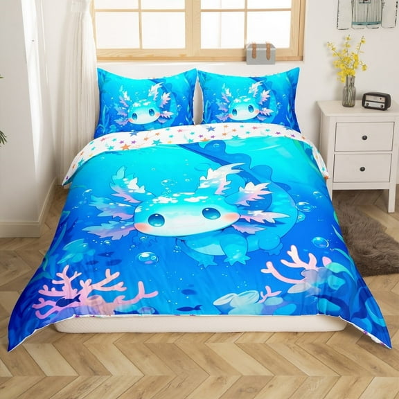 Axolotl Bedding Set Queen Size,Cute Animal Salamander Comforter Cover Teens Blue Ocean Sealife Duvet Cover Kawaii Sea Creature Bed Cover