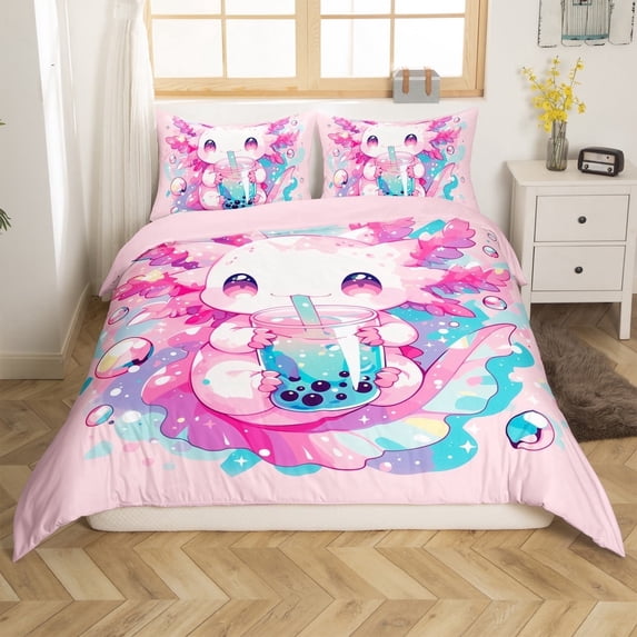 Axolotl Comforter Cover Cute Salamander Pattern Kawaii Bedding Set Twin Size Sweet Dessert Milk Tea Duvet Cover Ocean Beach Coastal Bed Cover Bedroom Decor,Pink