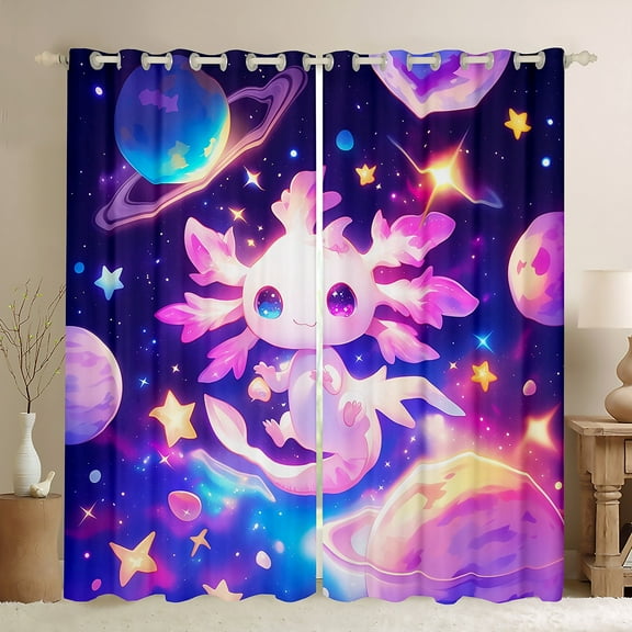 Axolotl Curtains & Drapes For 38"Wx45"L 2 Panels,Galaxy Planet Space 30%-50% Blackout Curtains Cartoon Animal Curtains Purple Dreamy Starry Window Curtains