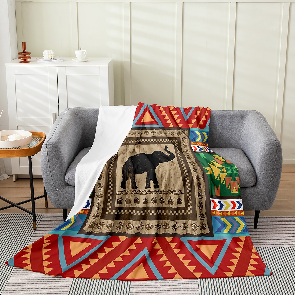 Black Elephant Aztec Pattern Prints Hooded Blanket