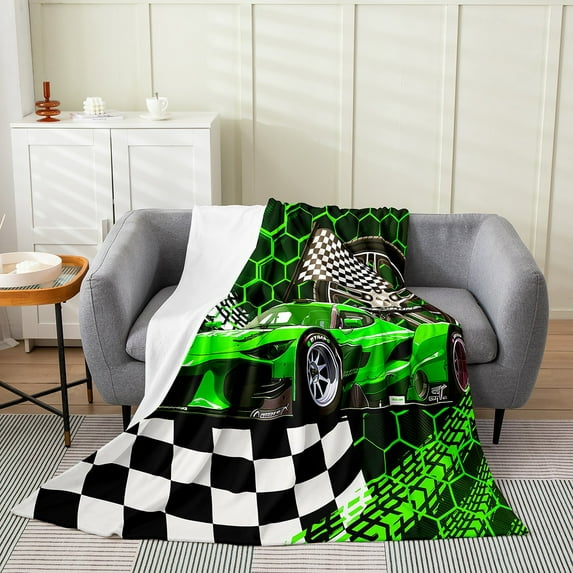 30x40 inch Throw Blanket ,Teens Race Car Fleece Blanket for Men Geometric Neon Hexagon Flannel Blanket Youth Sports Car Bed Blanket for All Season,Green